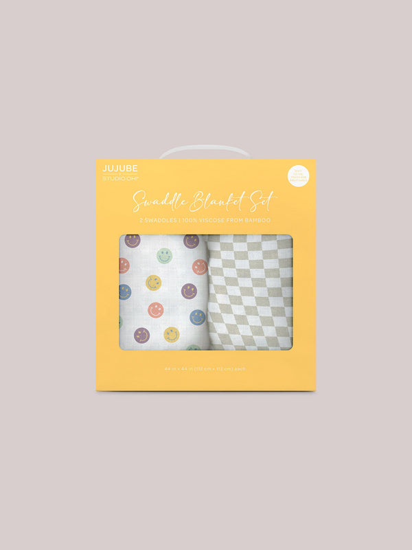 2-pack-square-swaddle-blanket-set-happy-baby-vibes jujube bags at sophiasstyle.com Swaddle Blanket Sets